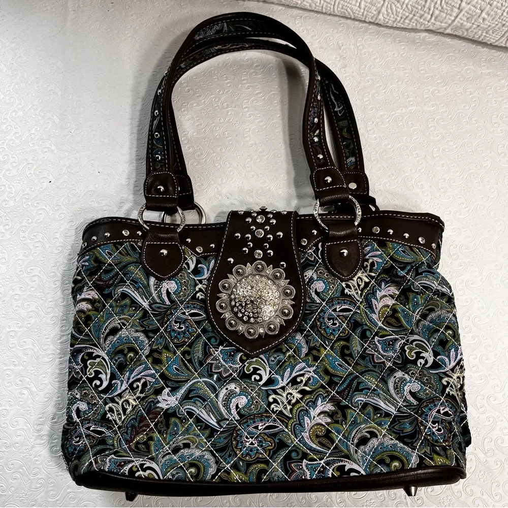 Montana West Western Purse Handbag Concho Turquoise Paisley Print Silver Cowgirl